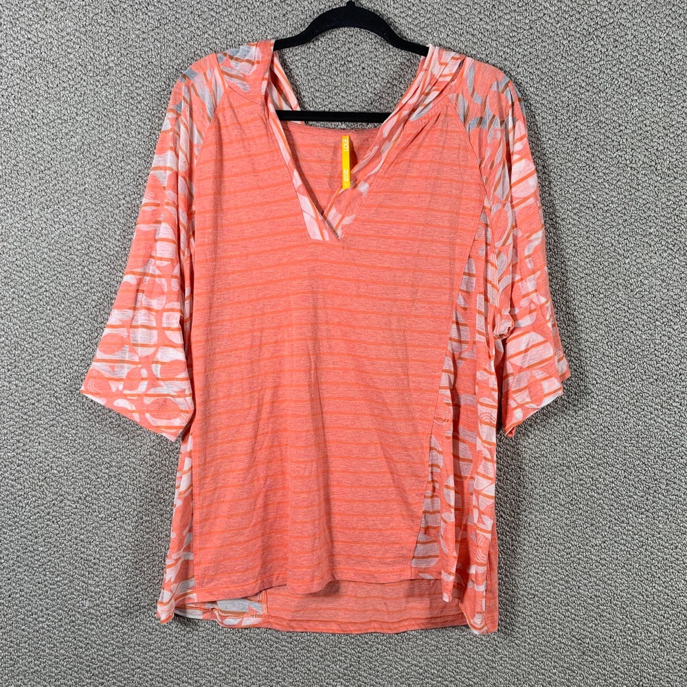 Lole Womens Shirt Size Large Coral Striped Short Sleeves Hooded Sheer Casual